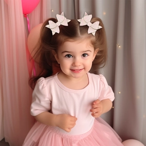 Detail of pink sequin bow hair clips on a fully fabric-wrapped clip for girls