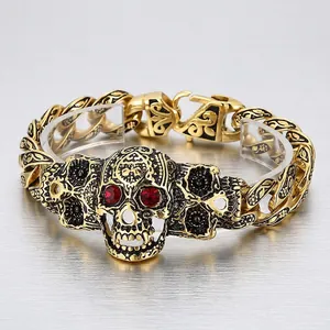 Vintage Skull Bracelet Stainless Steel With Red Rhinestone Eyes Retro Engraved Punk Gothic Hip Hop Jewelry For Men