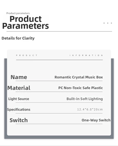 Technical specifications of Romantic Crystal Music Box with LED light and PC plastic build
