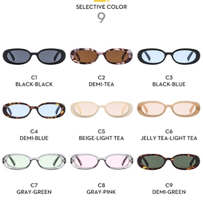 Selective color chart showing nine retro oval frame sunglasses in various trendy tints