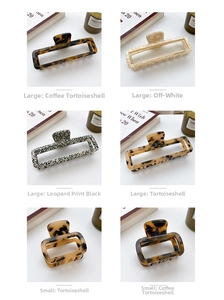 Detailed grid of acetate hair claws in tortoiseshell and leopard patterns with France logo