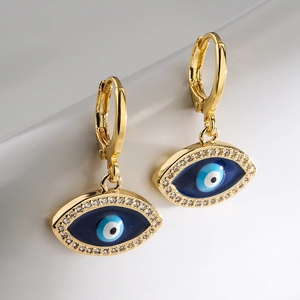 18K vergoldete Kupferohrringe mit blauem Emaille-Auge und funkelnden Zirkonia-Steinen