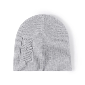 Light gray winter knit beanie with thick ribbed texture and cable twist pattern