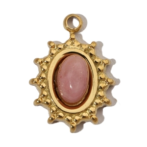 Detail of oval pink stone pendant set in gold-plated stainless steel on white background