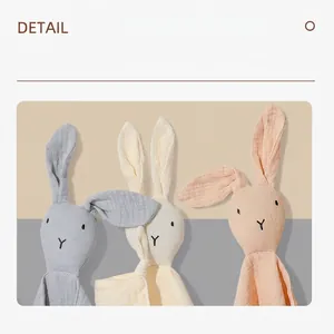 Three-piece baby muslin cotton comforter set featuring cute rabbit stuffed animal toys