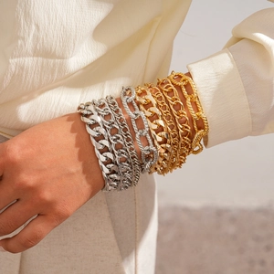 Stackable gold and silver cuban link chain bracelets set for women in hip hop style