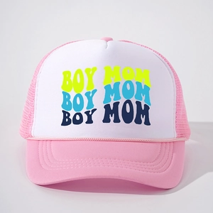 Pink and white Trucker Hat with Boy Mom lettering and adjustable breathable mesh back