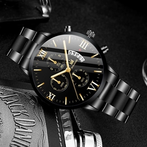 Close-up of SHAARMS men's black stainless steel watch with golden Roman numerals and dial