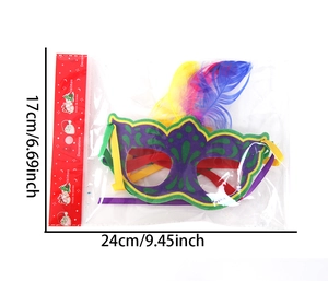 Macro detail of carnival feather mask with purple base and vibrant plumage in packaging