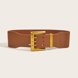 Vintage wide brown elastic waist belt with triple gold square buckles for women coats