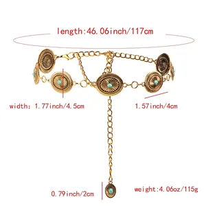 Bohemian gold metal waist chain with vintage floral pattern and turquoise resin stones