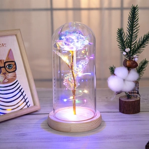 Rainbow foil rose in glass dome with LED lights on wooden base for romantic gifts