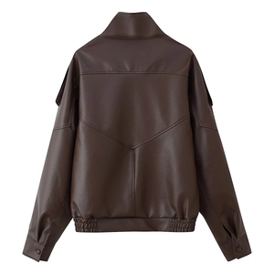 Back view of brown faux leather biker jacket with stand collar and ribbed hem