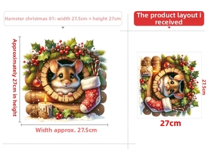 Christmas mouse wall decal size 27.5x27cm featuring holly, socks and candle details