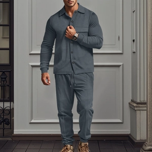 Men's navy blue twill leisure set with long sleeve shirt and matching trousers in autumn style