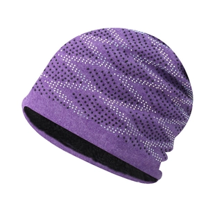 Detail showing the inner black fleece lining and rhinestone pattern of the purple knit hat