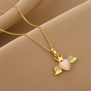 Golden titanium steel heart necklace with opal pendant and rhinestone angel wings