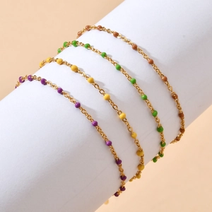 French Vintage Stainless Steel Enamel Bead Bracelet For Women Gold Plated Thin Chain Color Bead Jewelry Gift