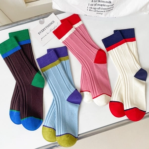 Unisex Crew Socks Combed Cotton Color Block Striped Ribbed Retro Casual Mid Calf Hosiery Breathable Soft