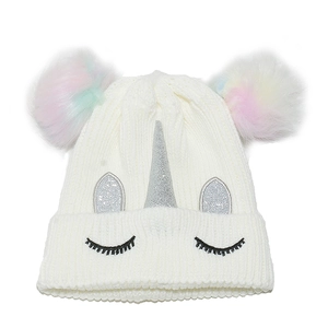 Bonnet En Maille Licorne Pour Enfants Avec Pompons En Fausse Fourrure Arc-En-Ciel Corne À Paillettes Et Broderie