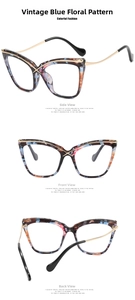 Detail view showing cat-eye frame in blue floral pattern and gold metal temples