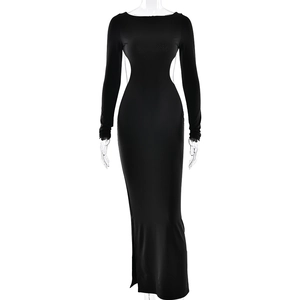 Robe de soirée élégante noire à manches longues avec dos nu et fente latérale haute