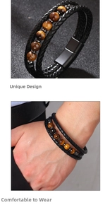 Detail of multi-layer braided leather bracelet with tiger eye beads and magnetic clasp
