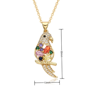 Detailed view of parrot pendant with colorful gemstones and dimensions 30mm x 13mm