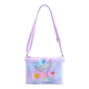 Plush mermaid tail shoulder bag for kids in purple gradient with cute sea animal embroidery