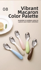 Macro display of 316L stainless steel baby training spoons in five pastel macaron colors