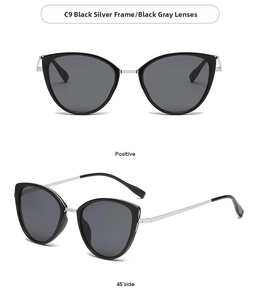 Front and 45-degree angle of cat-eye sunglasses with black silver frame and grey lenses