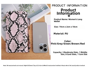 Pink snakeskin PU leather long wallet compared with a smartphone to show dimensions