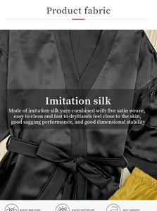Detail showing smooth black imitation silk fabric and five-satin weave texture of the robe