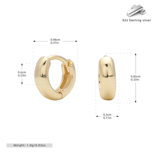Detailed sizing chart and macro view of gold plated 925 sterling silver hoop earrings