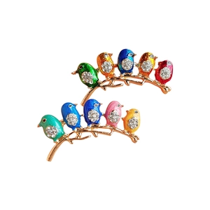 Set of 2 colorful enamel bird brooches on gold branches with sparkling rhinestones