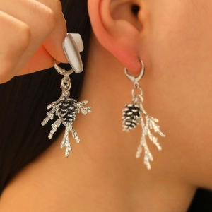 Vintage silver pine cone and branch earrings for women with natural forest theme design