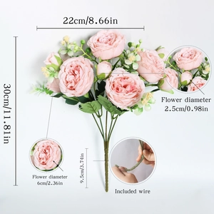 Pink artificial silk roses bouquet with detailed size dimensions for home and wedding decor