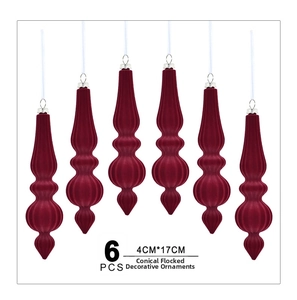 Detail of 6 piece set of 17cm burgundy flocked conical Christmas tree ornaments