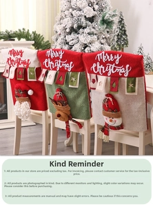 Close-up of Merry Christmas chair covers with Santa, reindeer and snowman dolls