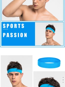 Detail of high-elasticity breathable sky blue sports headband for running and fitness