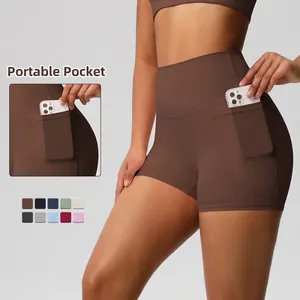 Women's High Waist Yoga Shorts with Side Pockets High Elastic Brushed Fitness Running Athletic Gym Biker Shorts Bottom