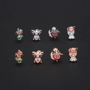 Princess collection cartoon stud earrings with colorful zircons in silver and rose gold