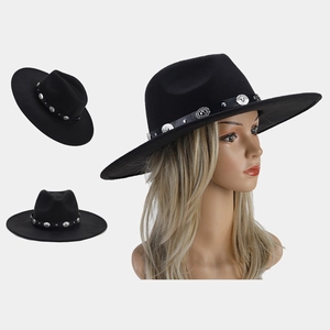 British vintage wide brim fedora hat with metallic tassel band and silver buckle accents