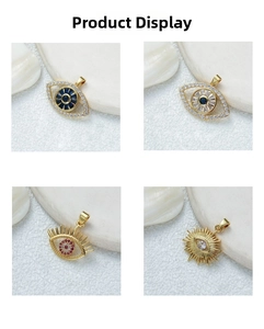 Macro detail of gold evil eye pendants with sparkling cubic zirconia and colored gemstones