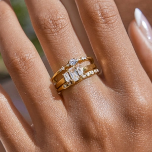 Macro shot of gold-plated stainless steel ring set with square zirconia on a model's hand