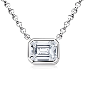 S925 Sterling Silver necklace with emerald-cut moissanite pendant on a white background