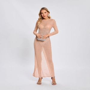 Elegant nude mesh long sleeve evening dress with sparkling rhinestones and slim fit design
