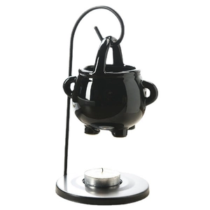 Cauldron-shaped ceramic oil burner set with black metal hanging stand and tea light