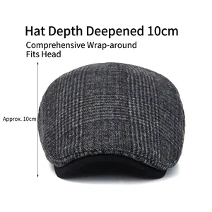 Plaid wool blend flat cap in grey with 10cm deep fit for men's winter warmth