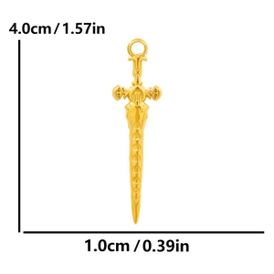 Detailed view of golden sword pendant showing 4.0cm height and 1.0cm width dimensions